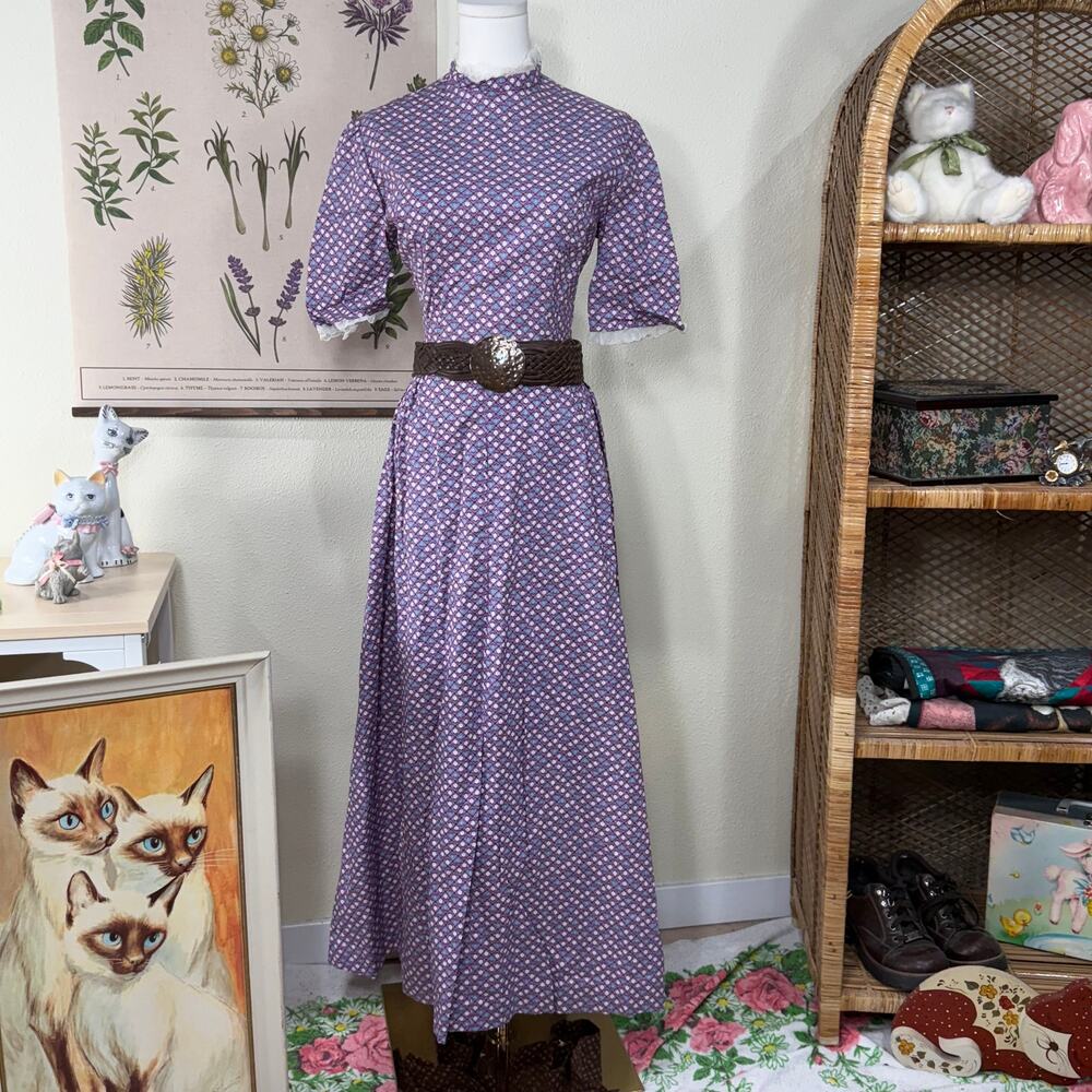 Vintage 70s Purple Ditsy Floral Maxi Dress Prairie Cottage Farmers Daughter S